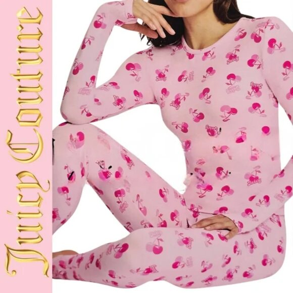 Juicy Couture Pink Cherry Print Long Sleeve Top & Legging Set - Picture 1 of 2